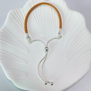 Pandora Moments Golden Tan Leather Slider Bracelet, Clear Cubic Zirconia